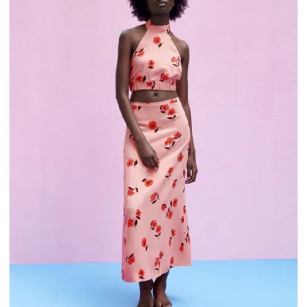 Zara | Floral Linen Midi Skirt (S)